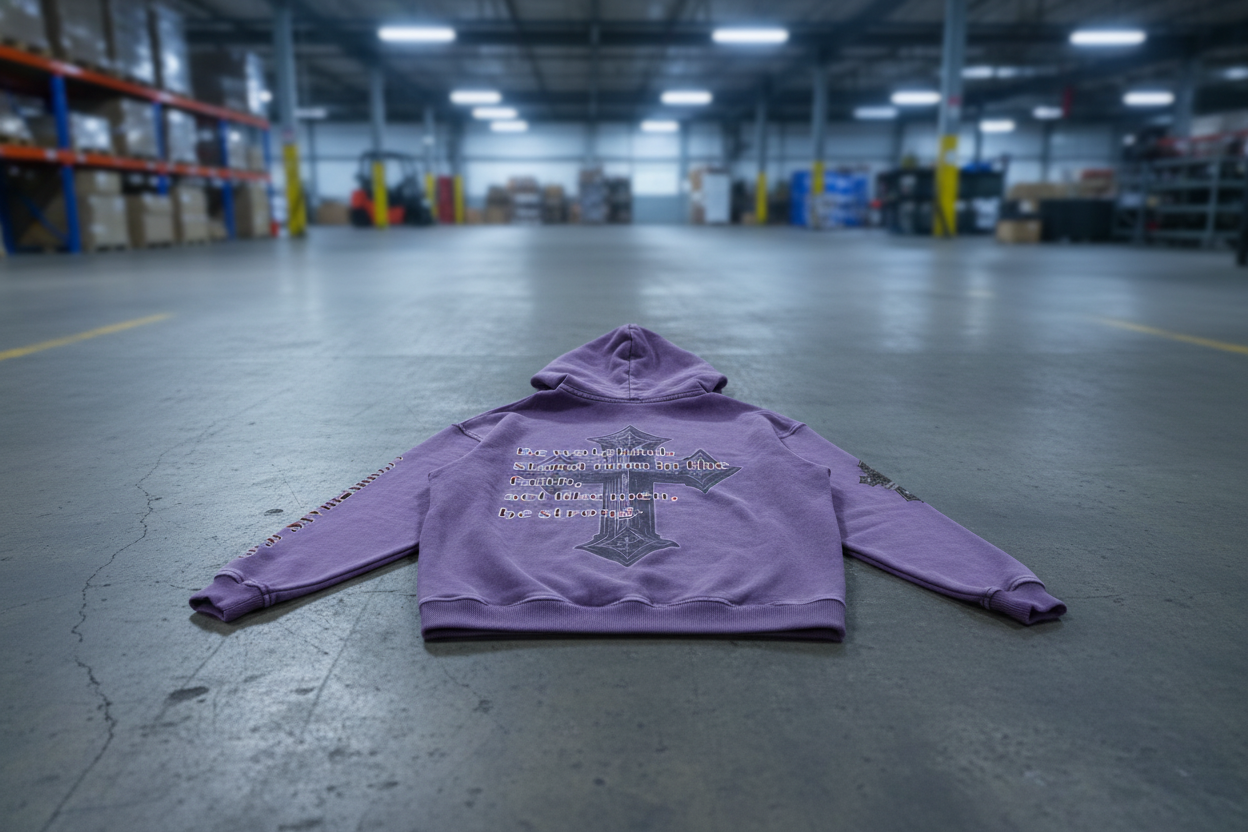 Purple hoodie with cross design and text on the back against a white background