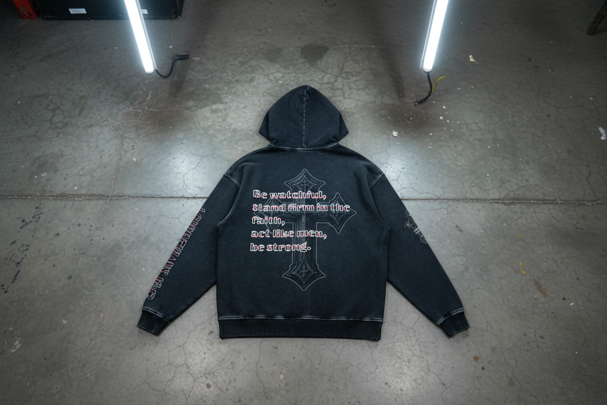 Black hoodie with text and design on the back against a white background